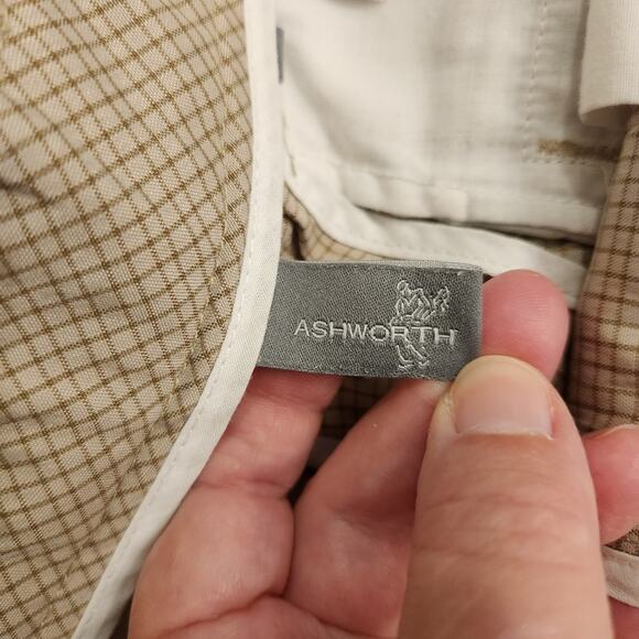 ASHWORTH Tan Brown Check Flat Front Lightweight Summer Casual Golf Shorts Men 32 - Picture 4 of 12